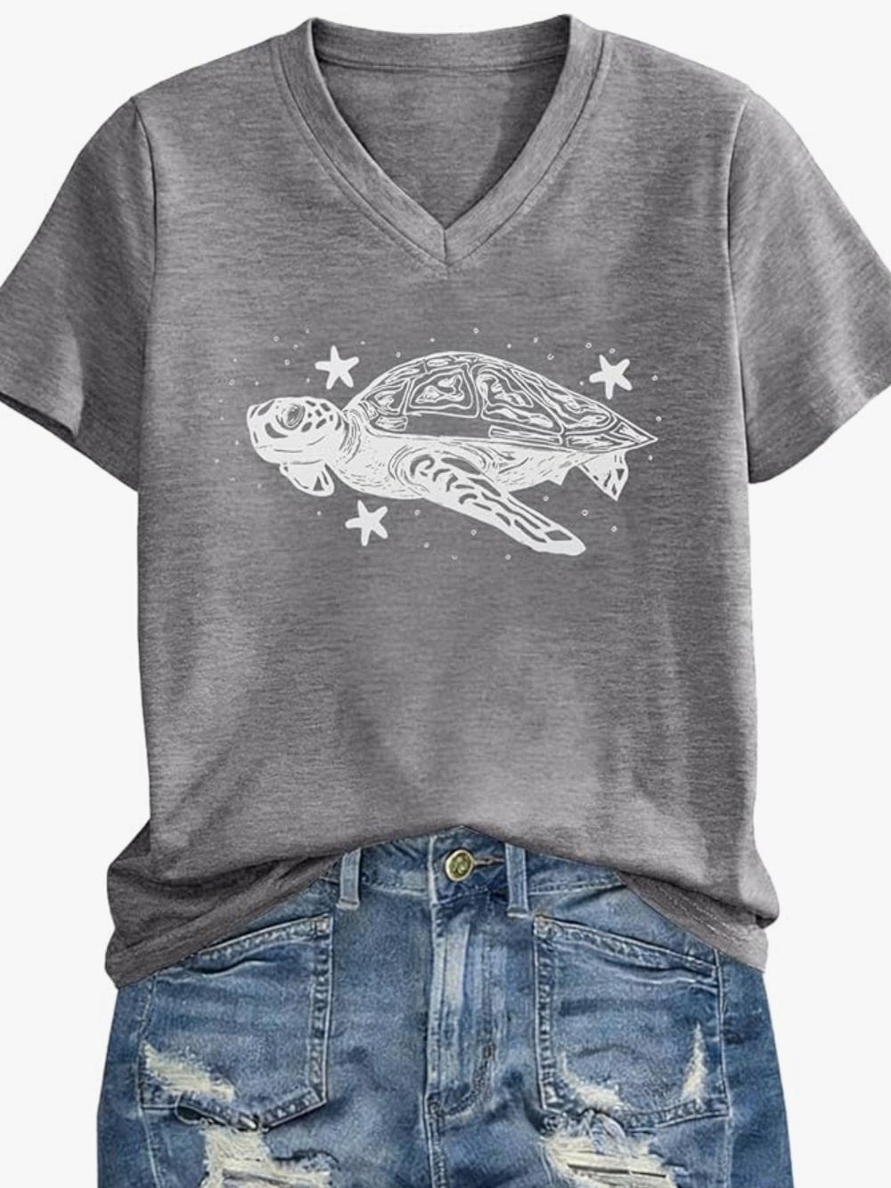 Chic Nation Gray V-Neck Tee with White Turtle Graphic